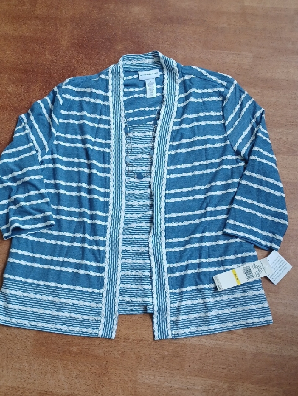 Alfred Dunner Blue and White Striped Open Front Cardigan Attached Tank Necklace
